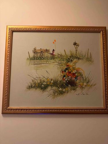 Pastoral Landscape Painting with Girl and Wagon