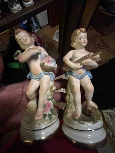 Pair of Bisque Porcelain Cherub/Putti Figurines on Gilt Bases