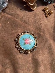 Vintage Enamel Rose Brooch with Pearls and Turquoise Accents