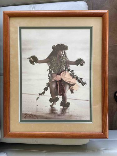 Framed Photograph of a Hula Dancer at the Beach