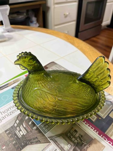 Avocado Green Glass Hen on Nest Covered Dish
