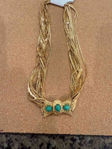 Multi-Strand Gold-Tone Necklace with Faux Turquoise Bow Pendant