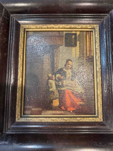 Painting: 'Woman Peeling Apple' in a Dark Wood Frame