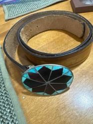 Inlaid Turquoise and Jet/Onyx Buckle on Leather Belt