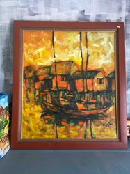 Signed MCM Waterside Village Acrylic Painting