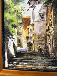 Framed Watercolor Painting of a European Alleyway