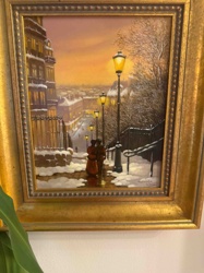 Framed Winter Cityscape Painting with Couple