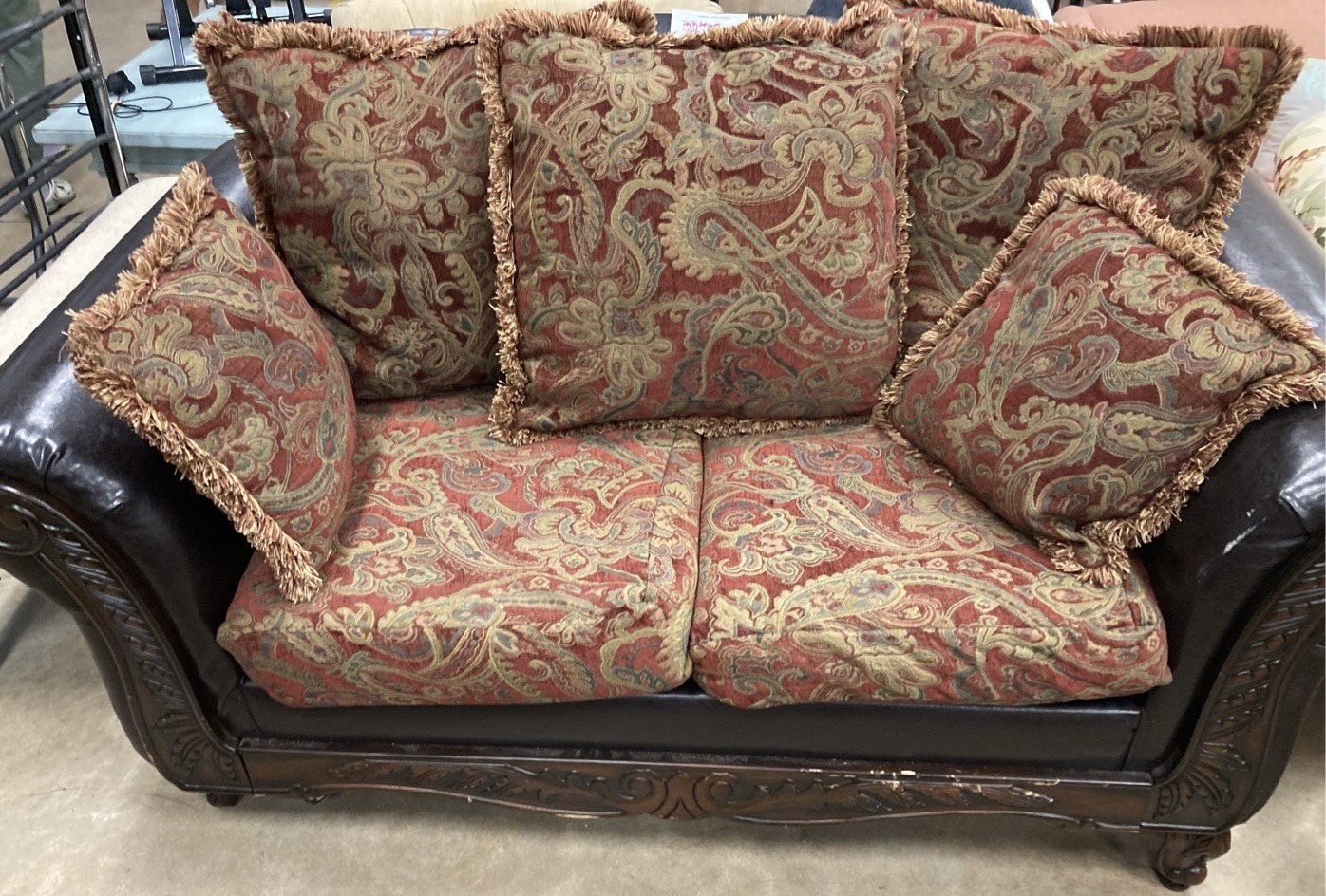 Submitted photo of Upholstered Loveseat with Ornate Wood Trim