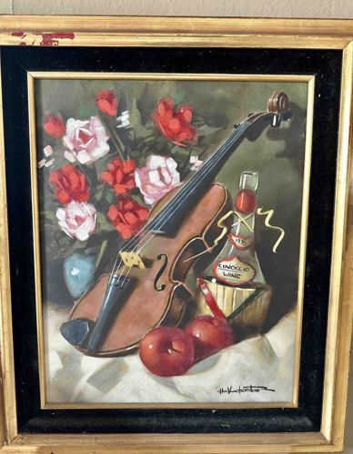 Still Life with Violin, Wine, and Flowers