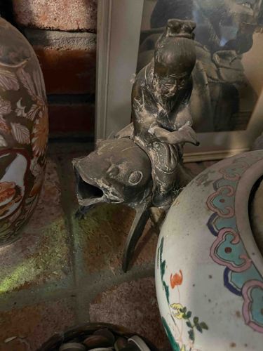 Chinese Cast Bronze Sculpture of Qin Gao Riding a Carp