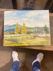 Autumn Landscape Painting with Rural House and Figures