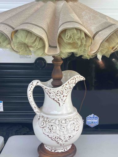Vintage Ceramic Pitcher Form Table Lamp with Pleated Mesh Shade