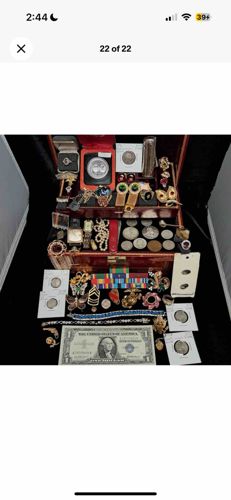 Assorted Personal Collection in Wooden Chest