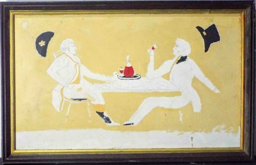 Folk Art Reverse Painting on Glass of Two Gentlemen Toasting