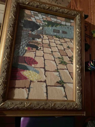 Framed Needlepoint Tapestry of Village Rooftop Scene