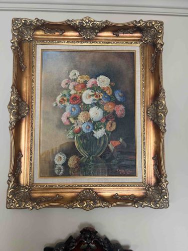 Floral Still Life Oil Painting in Ornate Rococo-Style Gilt Frame