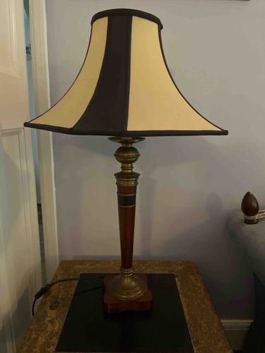 Vintage Neoclassical Style Table Lamp with Black and Cream Striped Shade