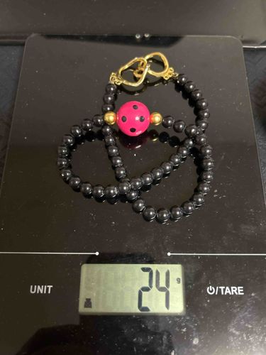 Black Beaded Necklace with Pink Polka Dot Bead