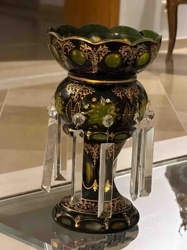 Bohemian Emerald Green Overlay Cut-to-Clear Pedestal Bowl with Prisms