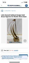 John Demott Sailboat Design Gold Brass Figurine on Marble Stone Base