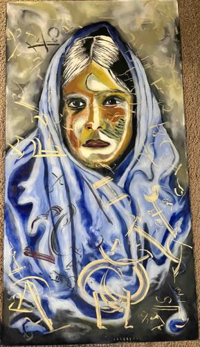 Portrait of a Girl in Blue with Calligraphic Elements (Painting)