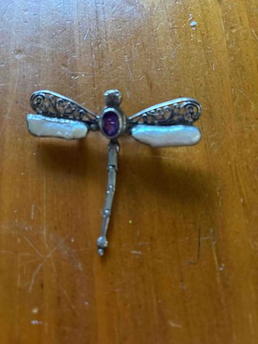 Dragonfly Brooch with Baroque Pearls and Amethyst