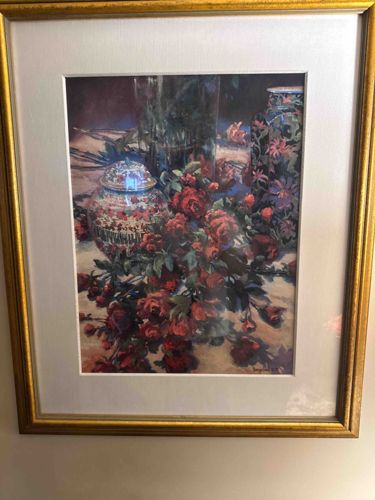 Framed Still Life Print with Red Roses and Chinoiserie Vases