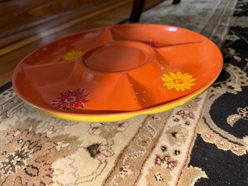 Vintage Orange Divided Serving Platter with Floral Decals