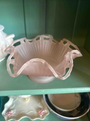 Pink Frosted Art Glass Ruffled and Pierced Bowl
