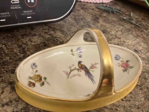 Porcelain Handled Serving Dish with Bird and Floral Motif