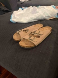 Pair of Tan Suede Two-Strap Sandals with Cork Footbed