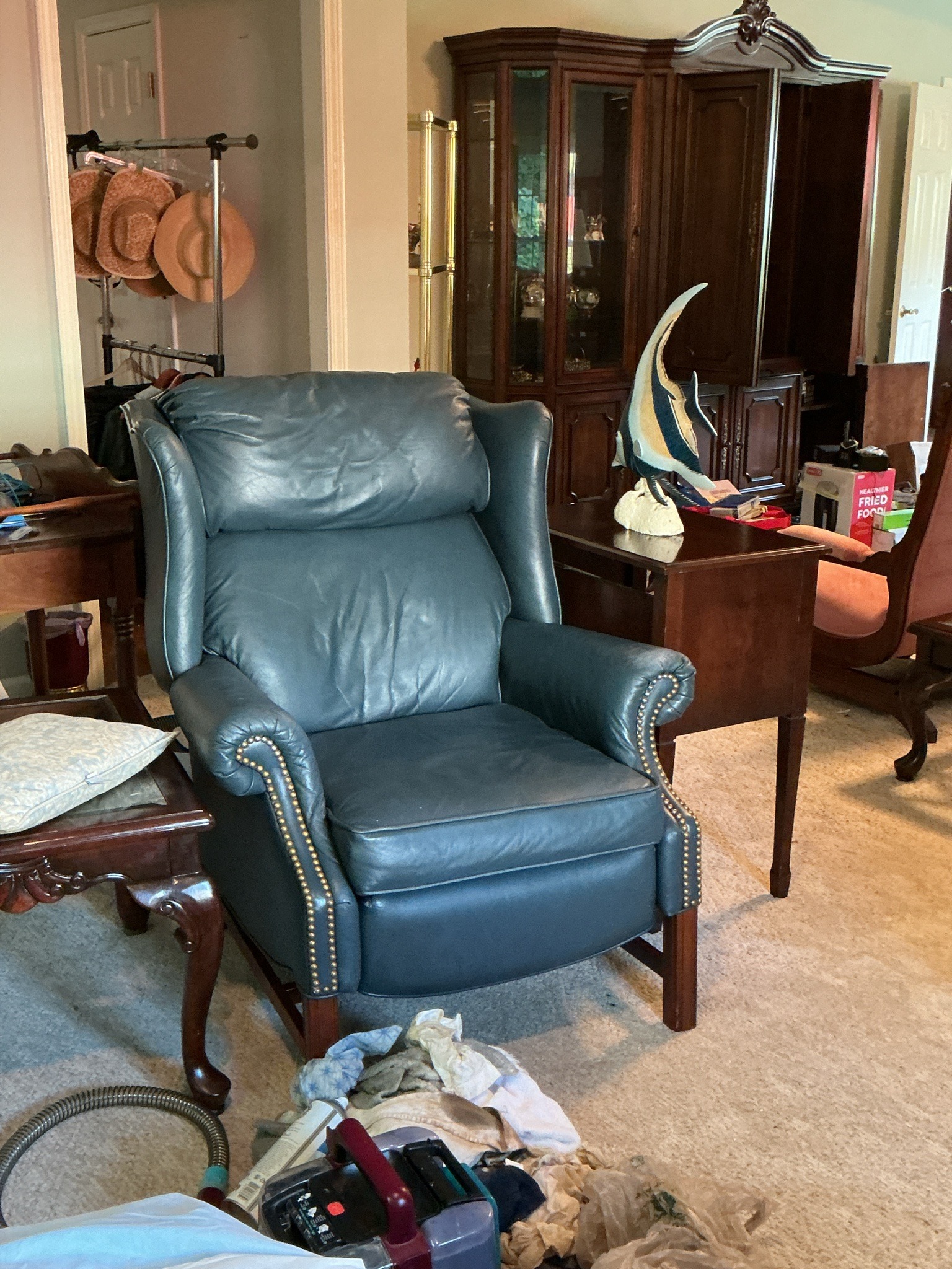 Submitted photo of Blue Leather Wingback Recliner Armchair with Nailhead Trim