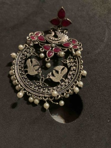 Indian Oxidized Silver Bird Motif Pendant with Faux Rubies and Pearls