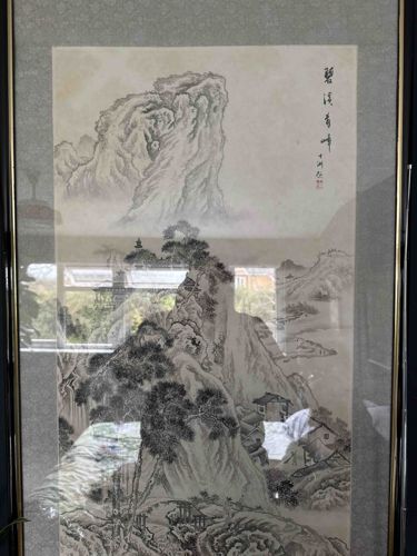 Framed Chinese Ink Wash Shan Shui Landscape Painting
