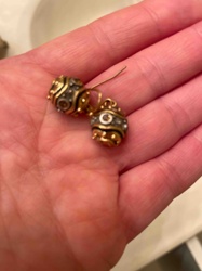 Pair of Dangle Earrings with Ornate Gold and Dark Metal Scrollwork and Clear Stones