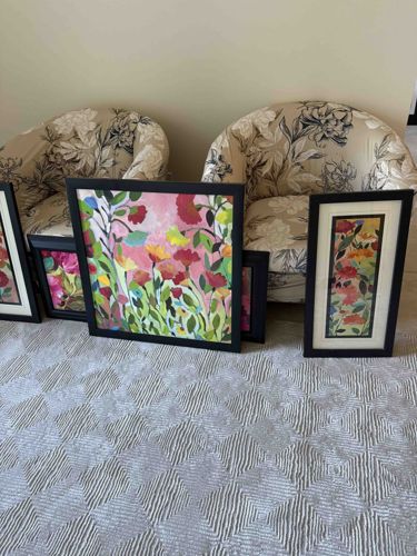 Set of Four Contemporary Floral Framed Art Pieces and Pair of Barrel Chairs