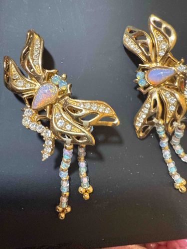 Vintage Gold Tone Butterfly Moth Clip-On Earrings with Faux Opal and Rhinestone Accents