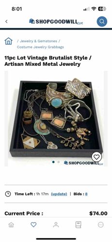 11pc Lot Vintage Brutalist Style / Artisan Mixed Metal Jewelry