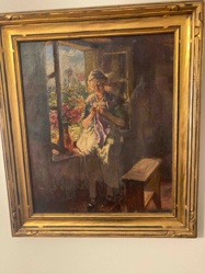 Oil Painting: Woman by a Window, possibly 'Preparing the Meal'