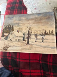 Winter Landscape Watercolor Painting with Farmhouse
