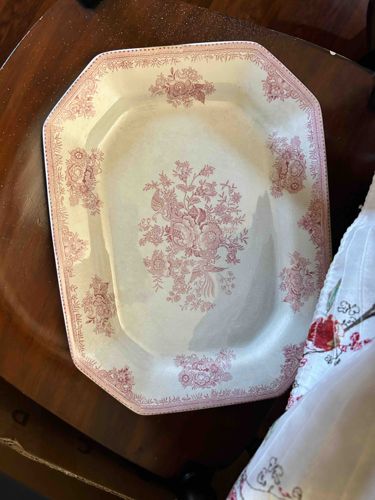 Pink Transferware Octagonal Platter with Floral and Bird Motif