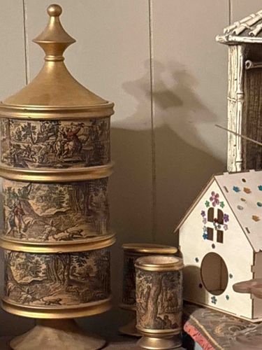 Italian Florentine Three-Tier Stacked Wood Cannister with Toile Decoration