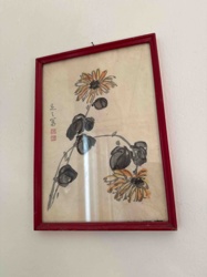Framed Ink and Watercolor Painting of Chrysanthemums
