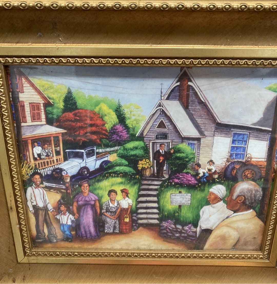 Submitted photo of Folk art style painting depicting a rural church scene