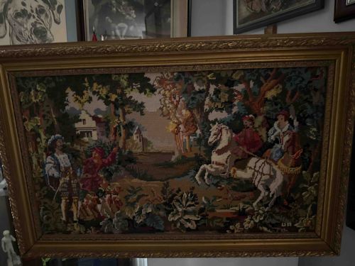 Vintage Narrative Petit Point Needlepoint Tapestry with Equestrian Hunt Scene