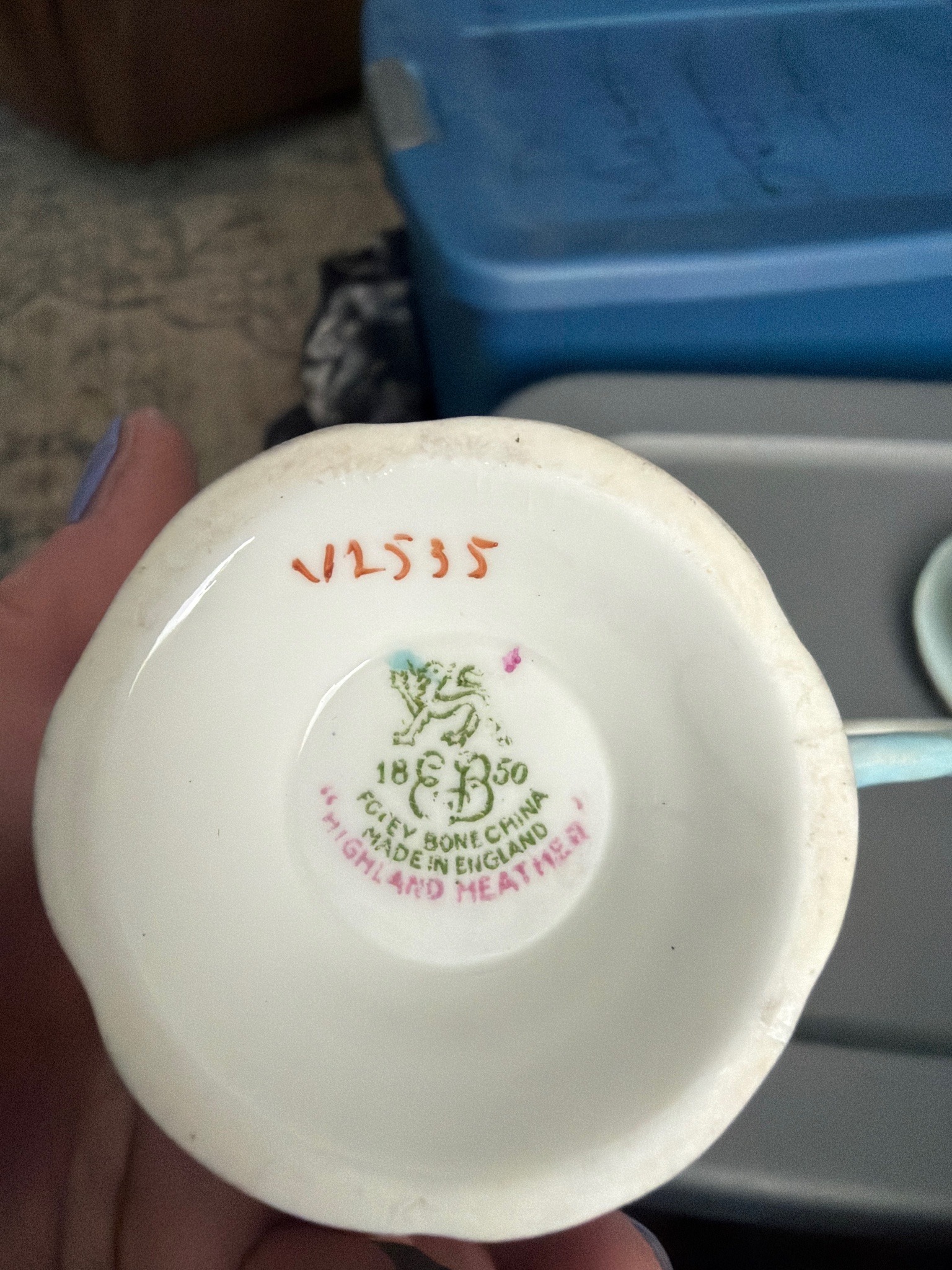 Submitted photo of Foley Bone China teacup, marked 'Highland Heather' (not authenticated)