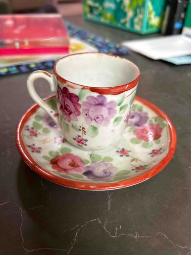 Vintage Japanese Hand-Painted Kutani-Style Eggshell Porcelain Demitasse Cup and Saucer