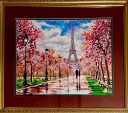 Eiffel Tower Scene Painting in Ornate Gold Frame