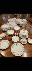 Cream-Colored Botanical Pattern Dinnerware Set with Glassware
