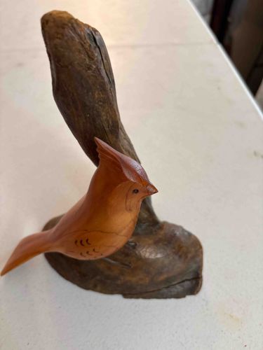 Hand-Carved Wooden Cardinal on Natural Driftwood Base